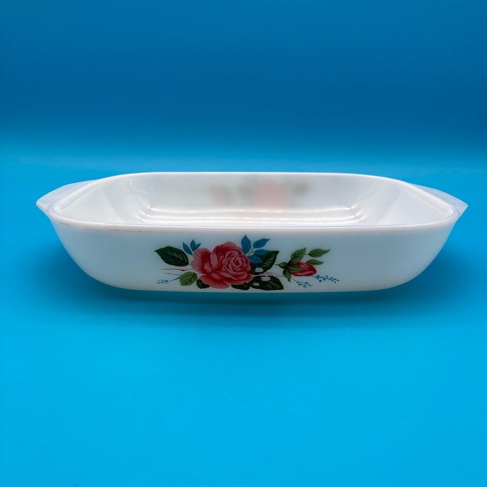 1960s JAJ Pyrex England June Rose 538 Rectangular Opal Glass Casserole Dish